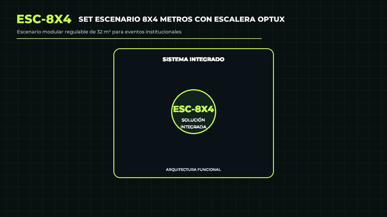 Animación referencial de Set Escenario 8x4 Metros con Escalera Optux
